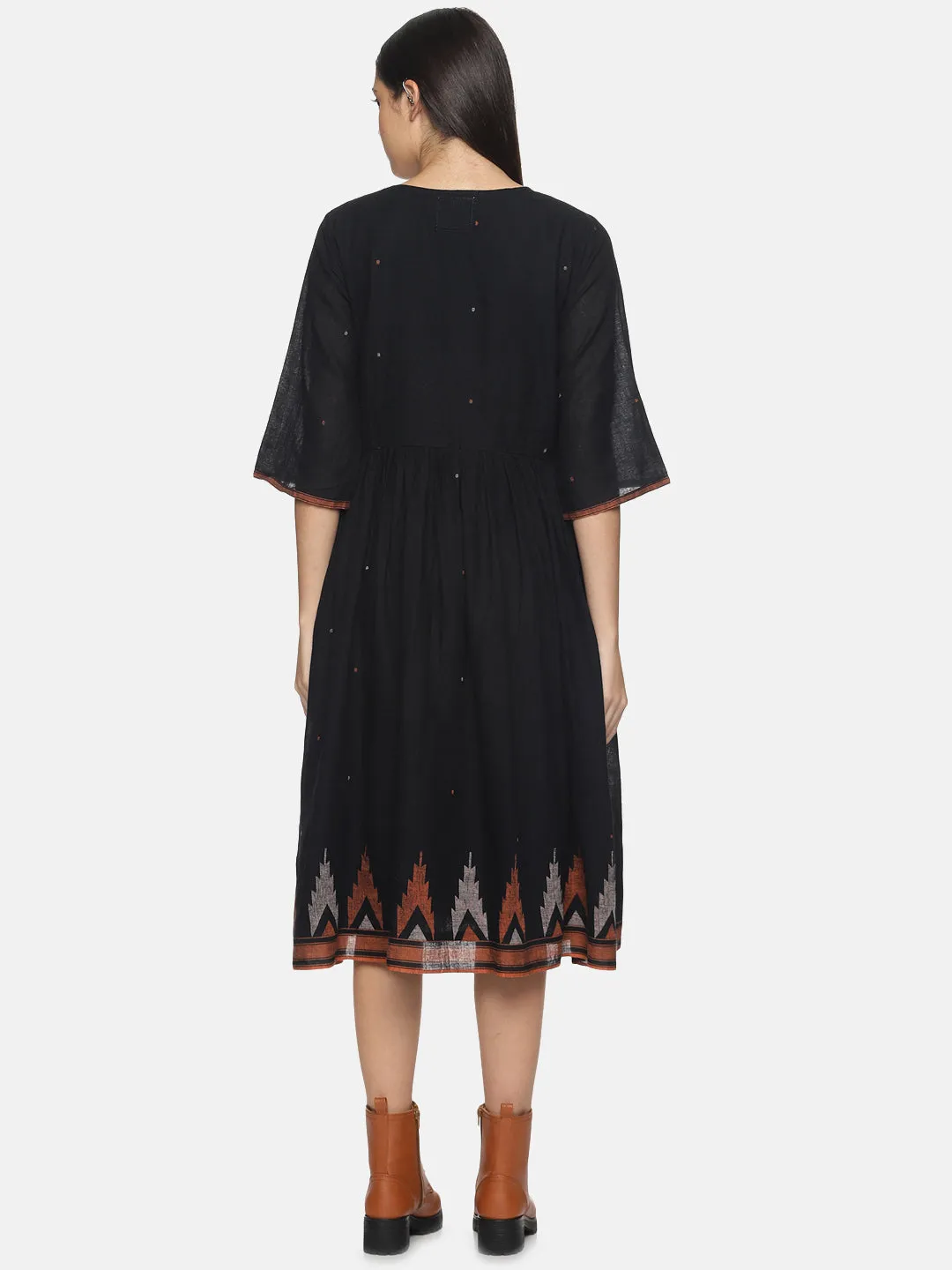 Black with orange border Jamdani Gather Dress