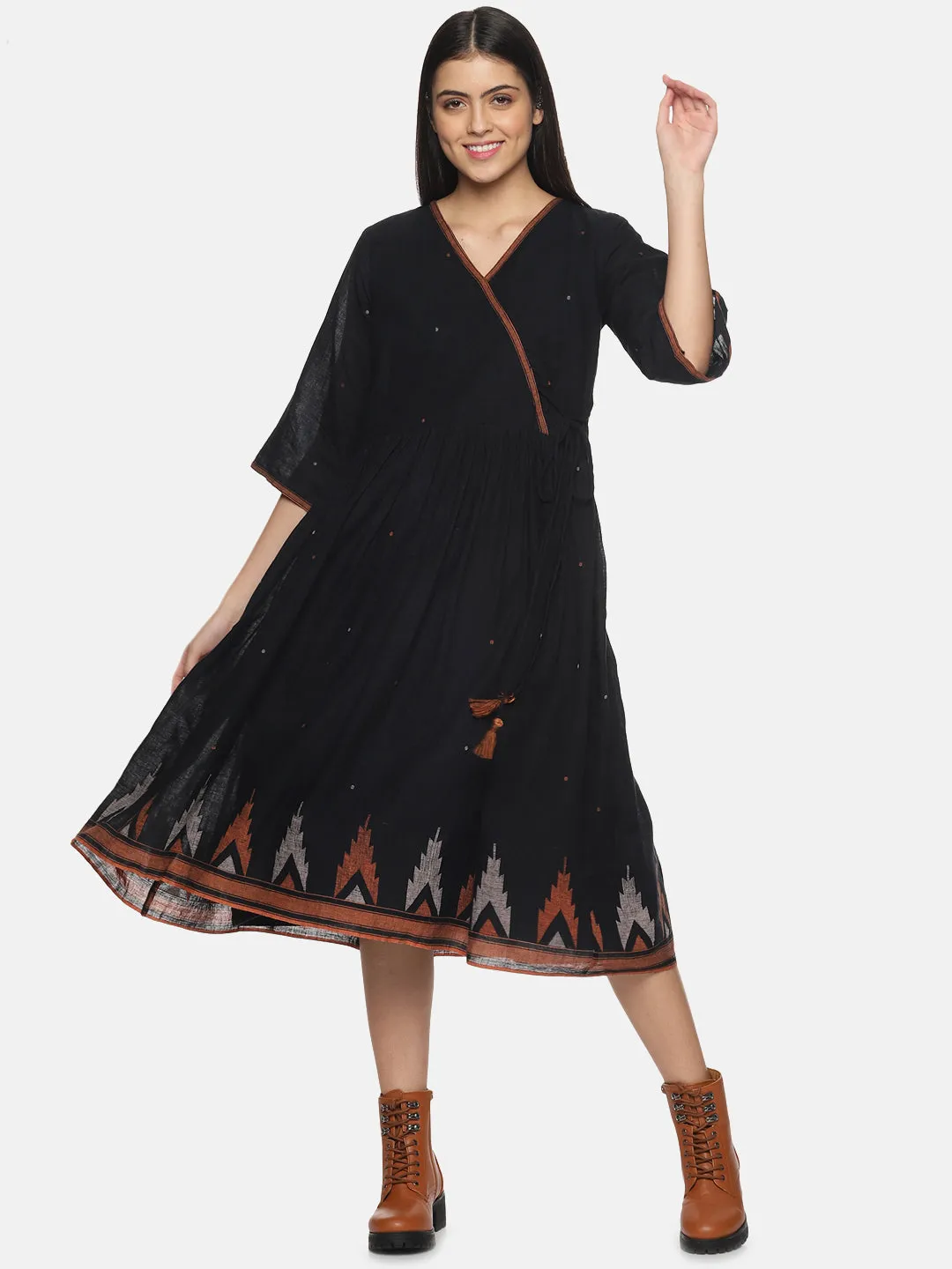 Black with orange border Jamdani Gather Dress