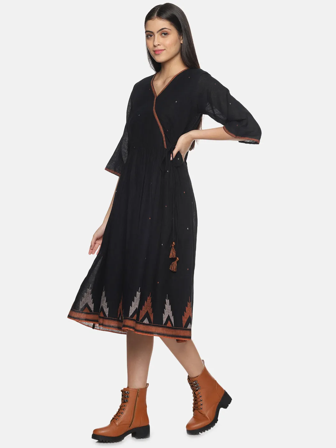 Black with orange border Jamdani Gather Dress