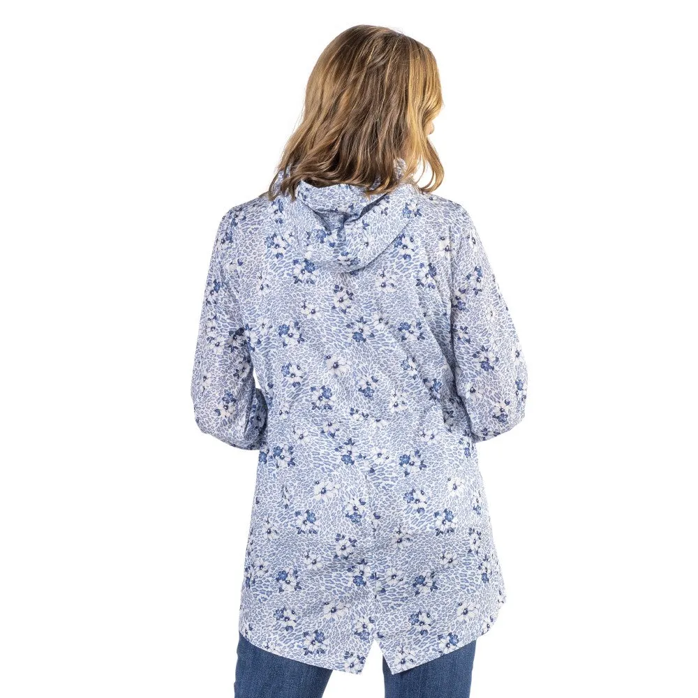 Blue Floral Hooded Drawstring Raincoat