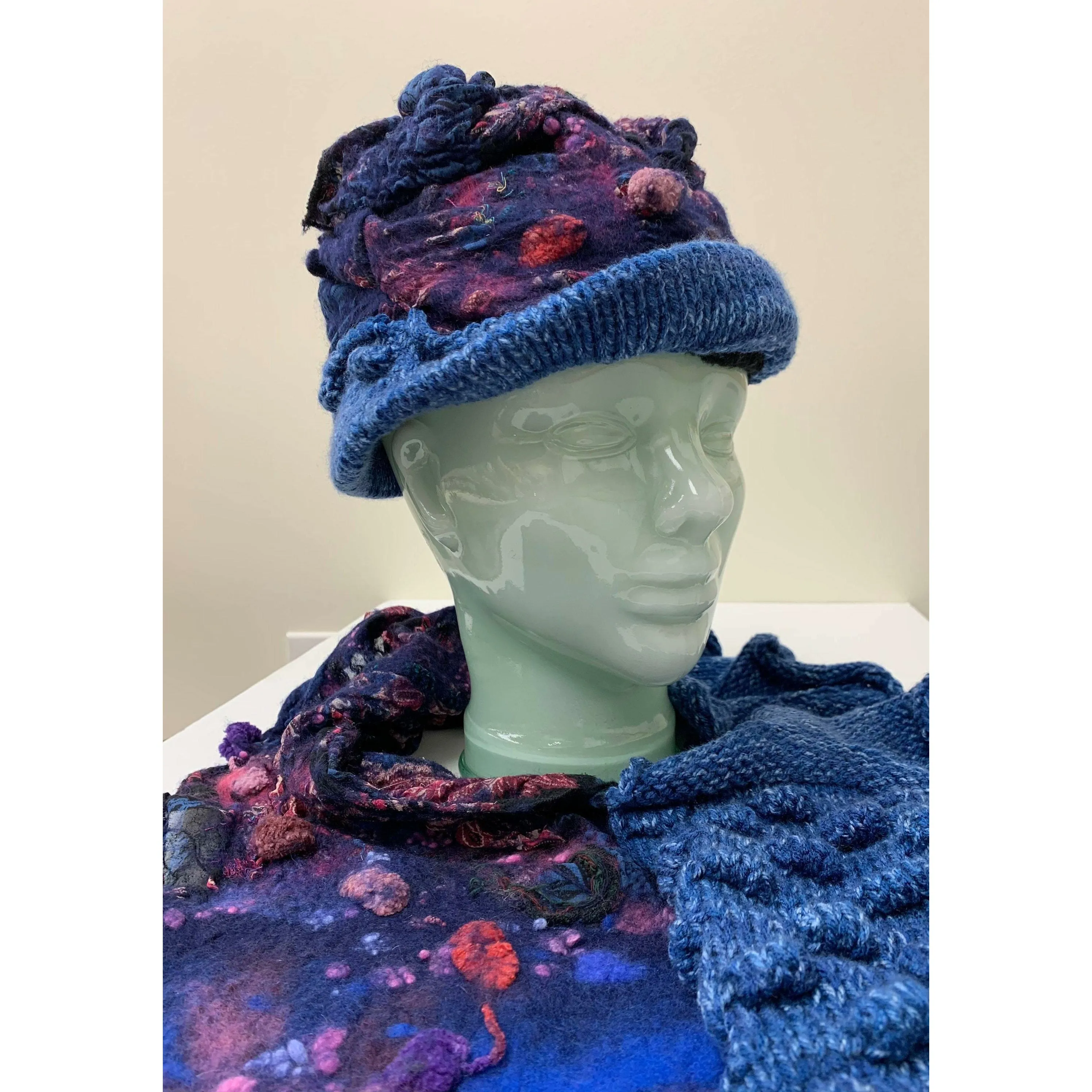 Blue hand-felt lined winter warm blue hat with hand-knit brim. Free Ship USA.