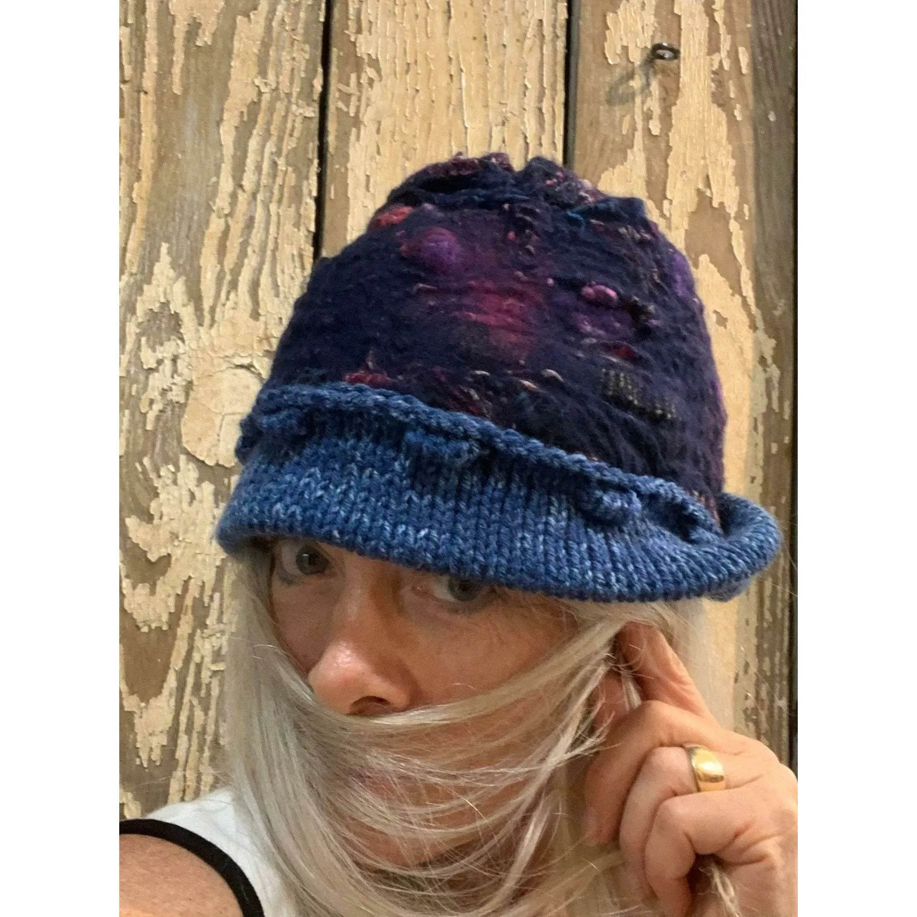 Blue hand-felt lined winter warm blue hat with hand-knit brim. Free Ship USA.