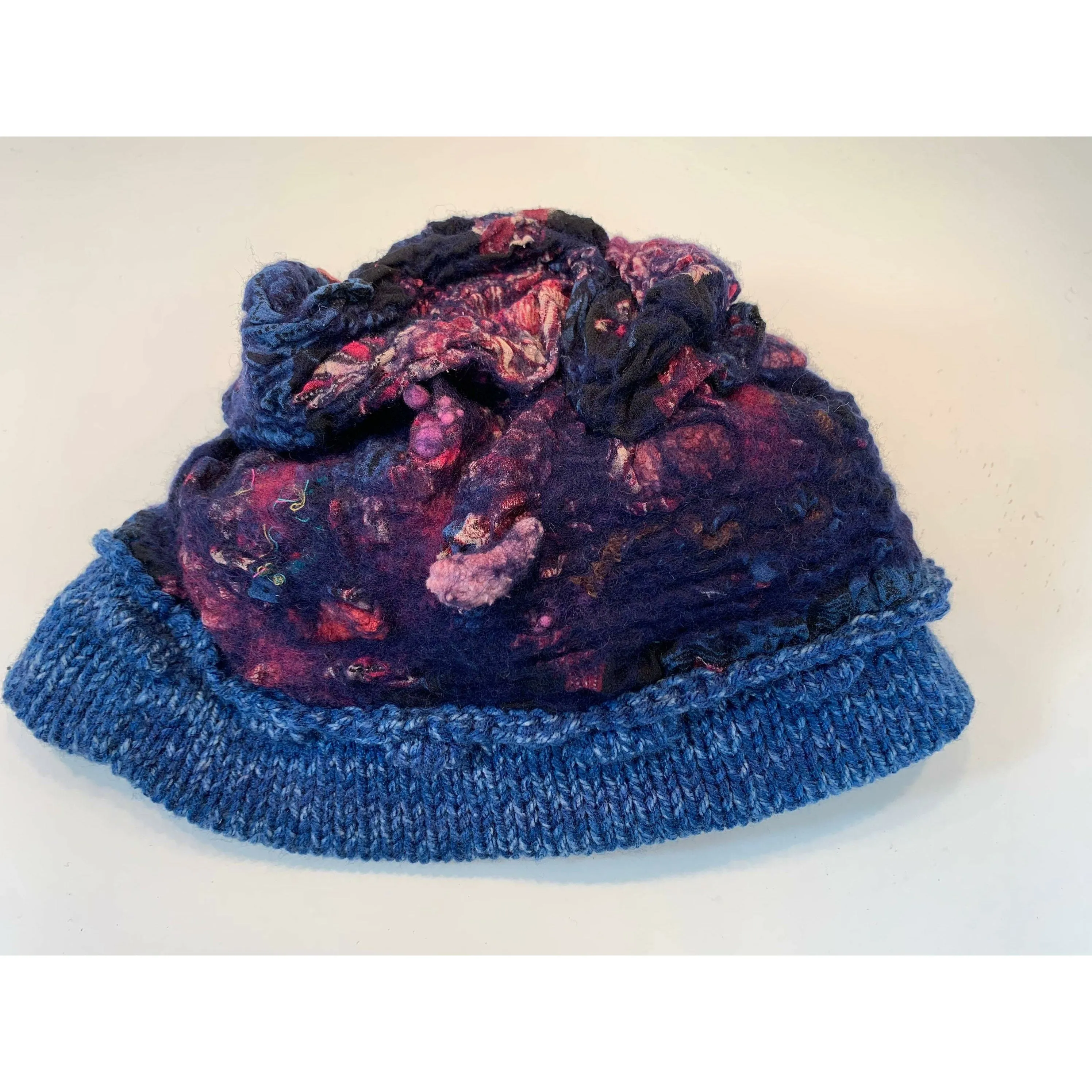 Blue hand-felt lined winter warm blue hat with hand-knit brim. Free Ship USA.