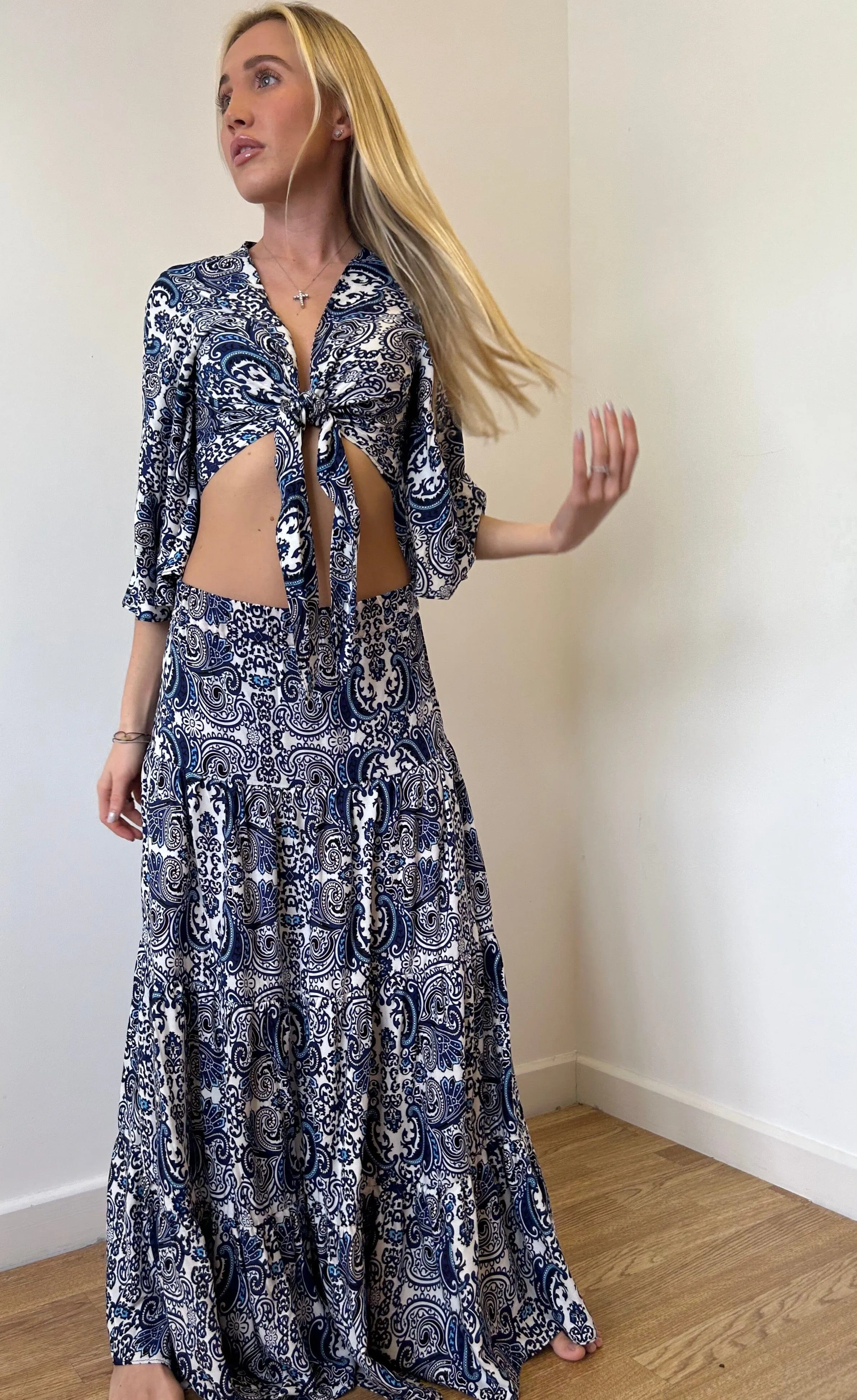 Blue Paisley Cotton Crop Top and Maxi Tier Skirt