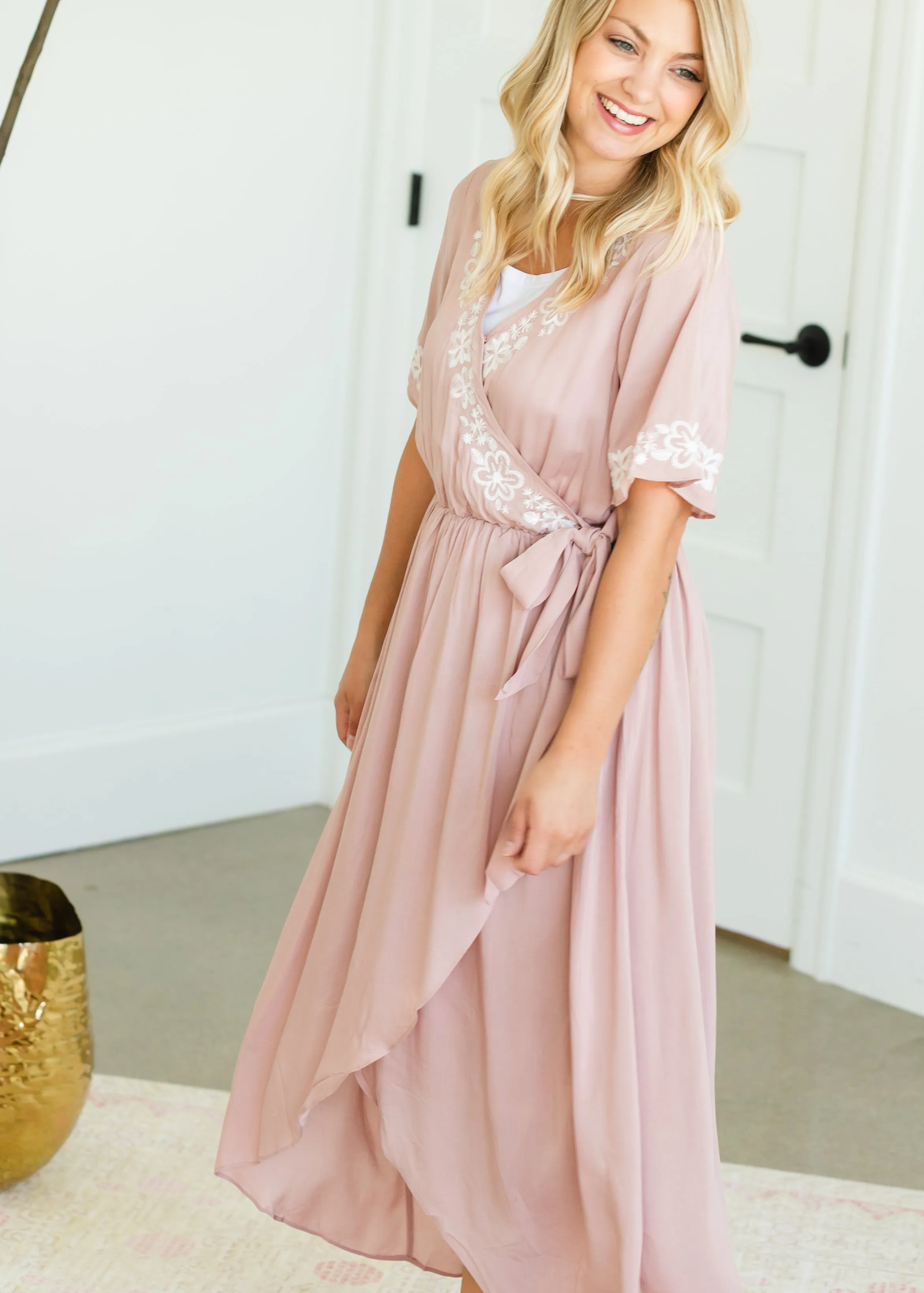 Blush Hi-Lo Embroidered Detail Midi Dress - FINAL SALE