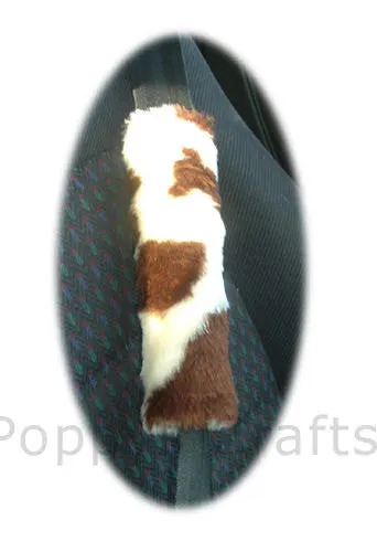 Brown and cream cow print fuzzy car seatbelt pads 1 pair