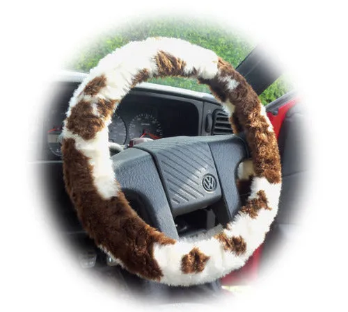 Brown and cream Cow print fuzzy car steering wheel cover