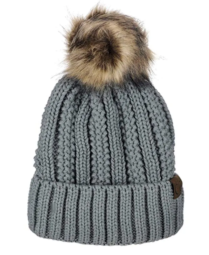 C.C. Cable Knit Faux Fur Pom Pom Beanie Cap