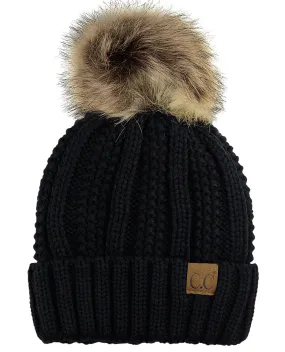 C.C. Cable Knit Faux Fur Pom Pom Beanie Cap