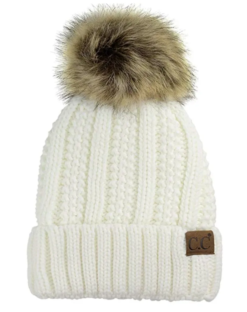 C.C. Cable Knit Faux Fur Pom Pom Beanie Cap