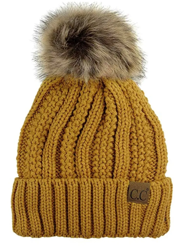 C.C. Cable Knit Faux Fur Pom Pom Beanie Cap