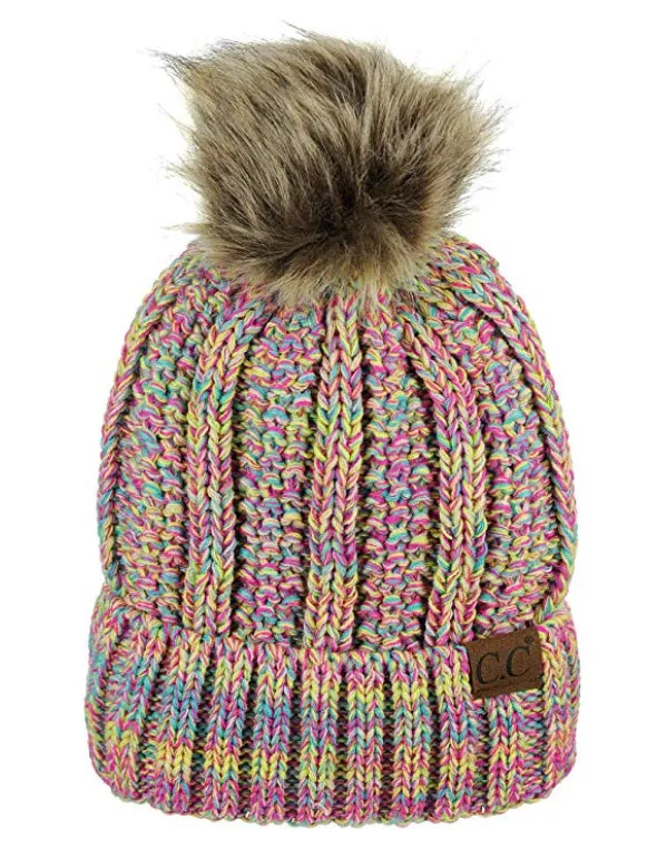 C.C. Cable Knit Faux Fur Pom Pom Beanie Cap