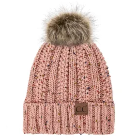 C.C YJ820 - Thick Cable Knit Hat Faux Fur Pom Pom Fleece Lined Confetti Skull Cap Cuff Beanie