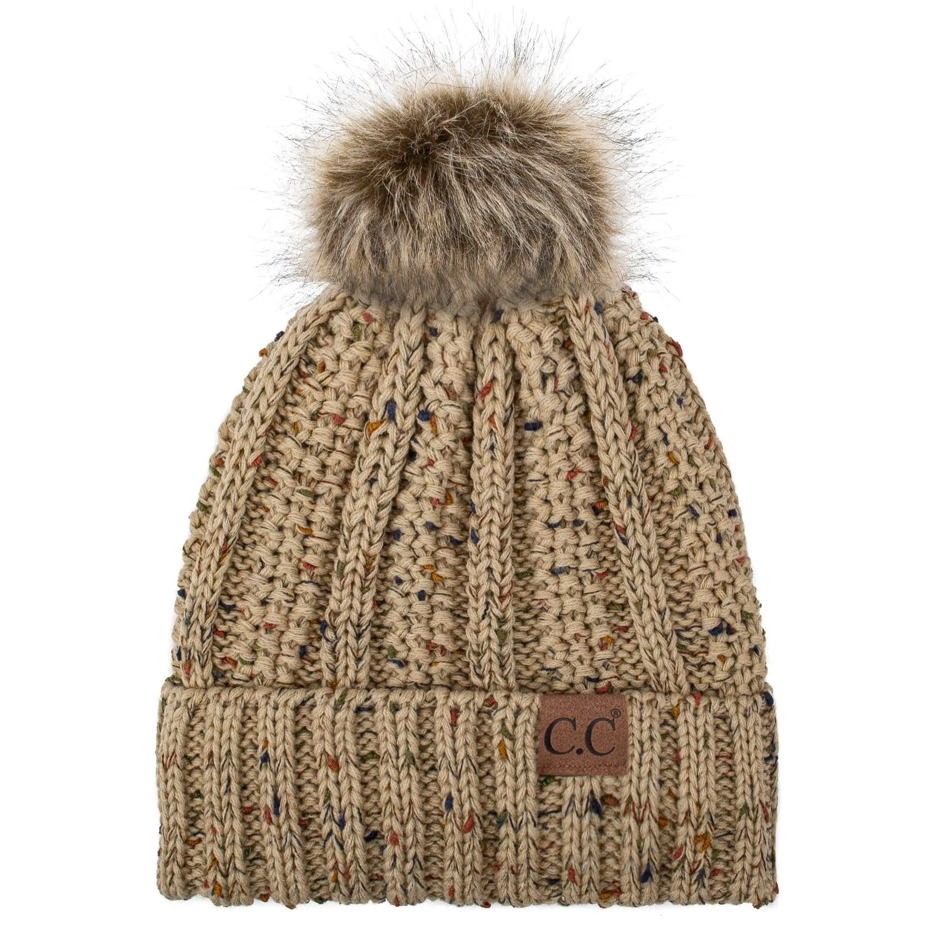 C.C YJ820 - Thick Cable Knit Hat Faux Fur Pom Pom Fleece Lined Confetti Skull Cap Cuff Beanie