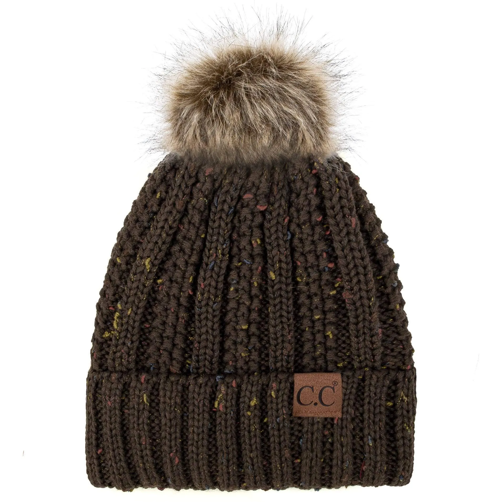 C.C YJ820 - Thick Cable Knit Hat Faux Fur Pom Pom Fleece Lined Confetti Skull Cap Cuff Beanie