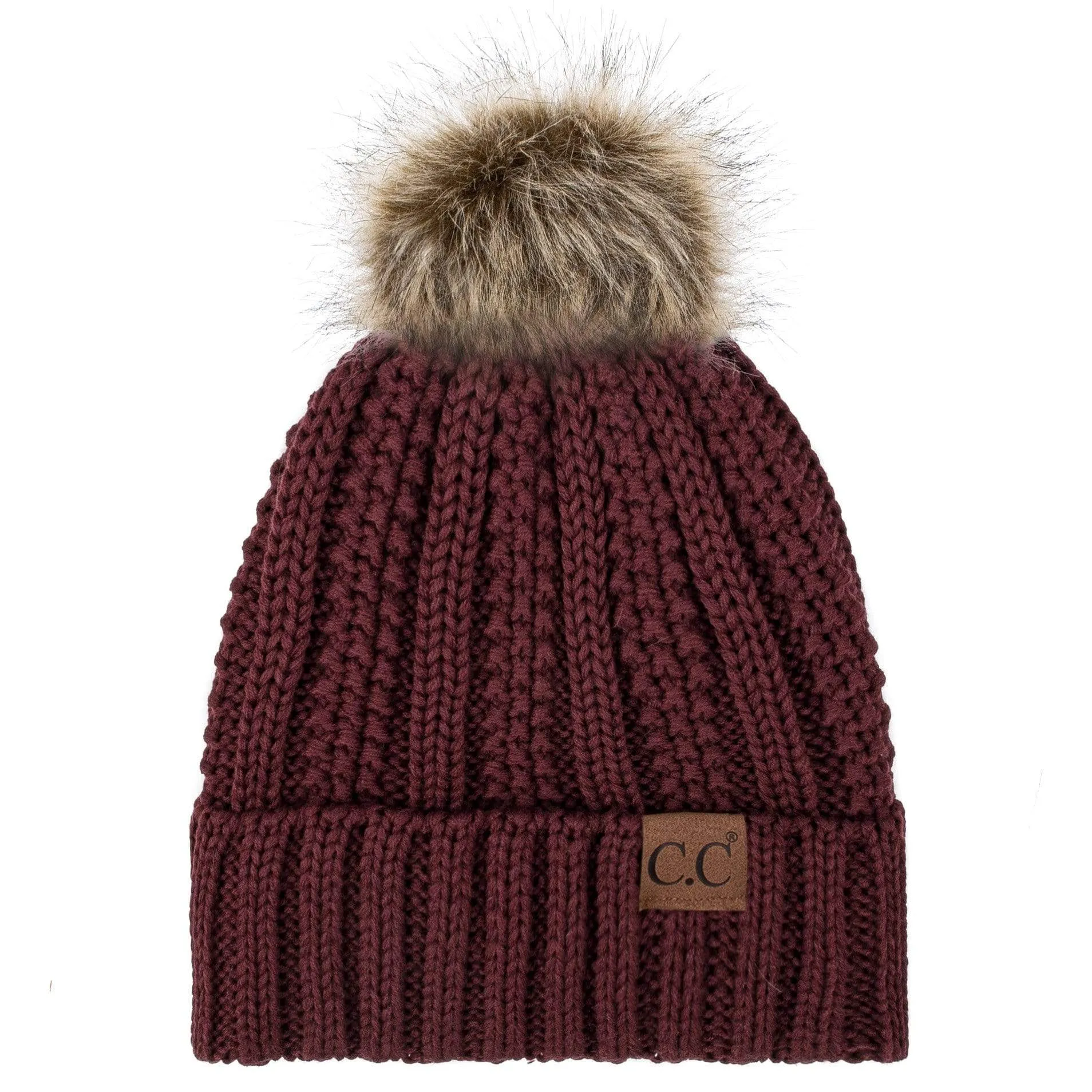 C.C YJ820 - Thick Cable Knit Hat Faux Fur Pom Pom Fleece Lined Skull Cap Cuff Beanie