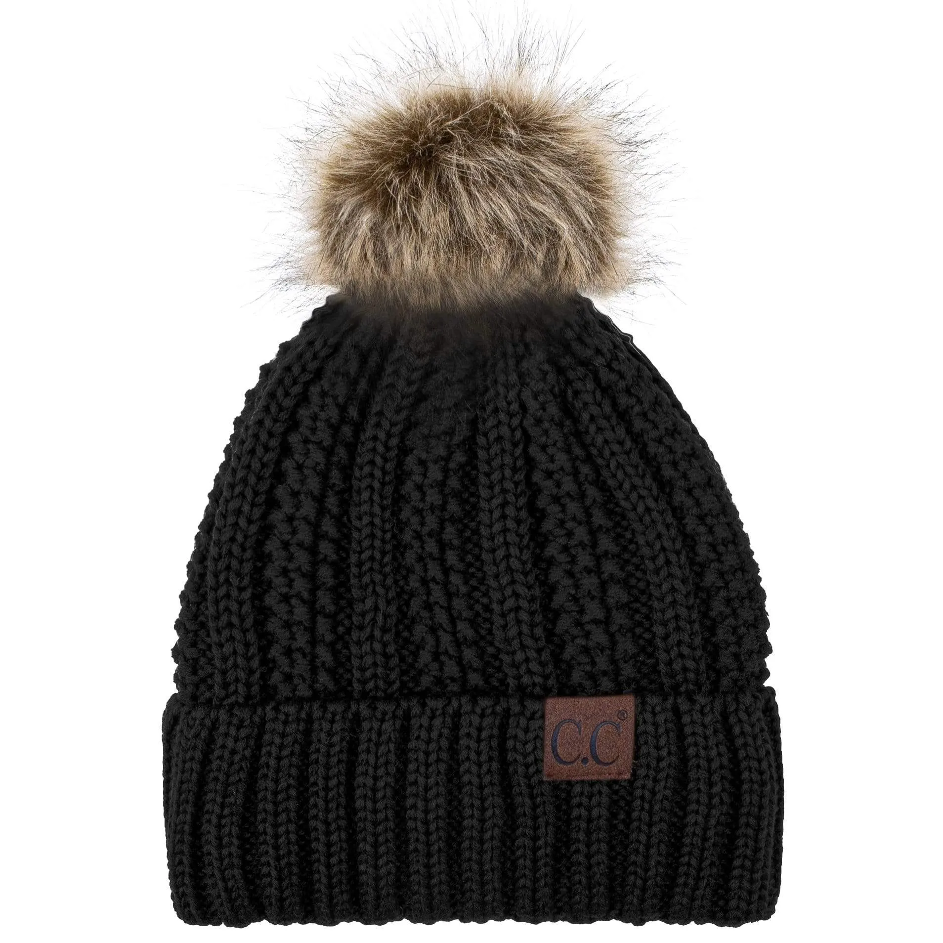 C.C YJ820 - Thick Cable Knit Hat Faux Fur Pom Pom Fleece Lined Skull Cap Cuff Beanie