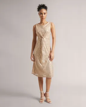 Champagne Beige Front Knot Sequin Midi Dress With Side Slits