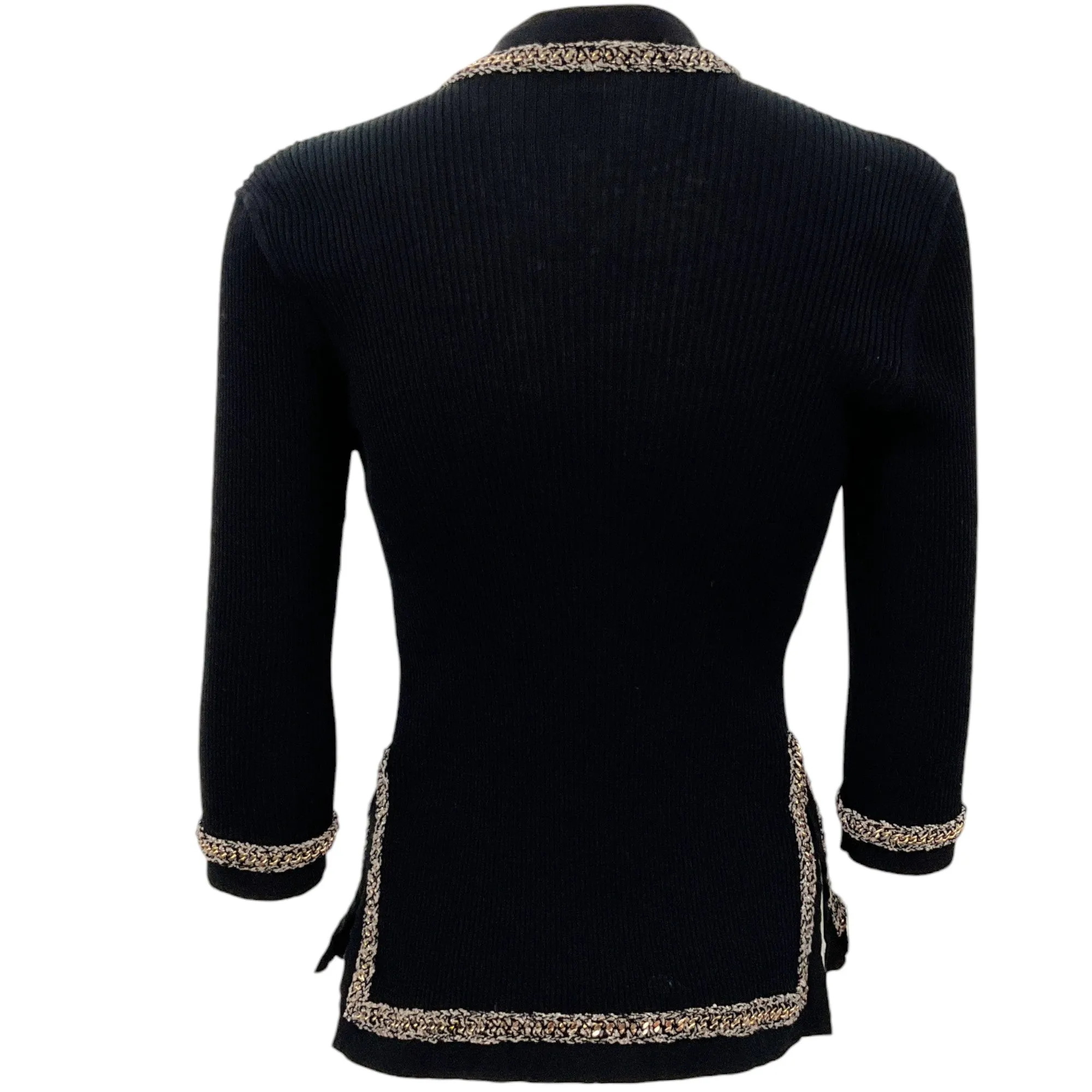 Chanel Black Cotton Ribbed Cardigan with Gold Chain Trim