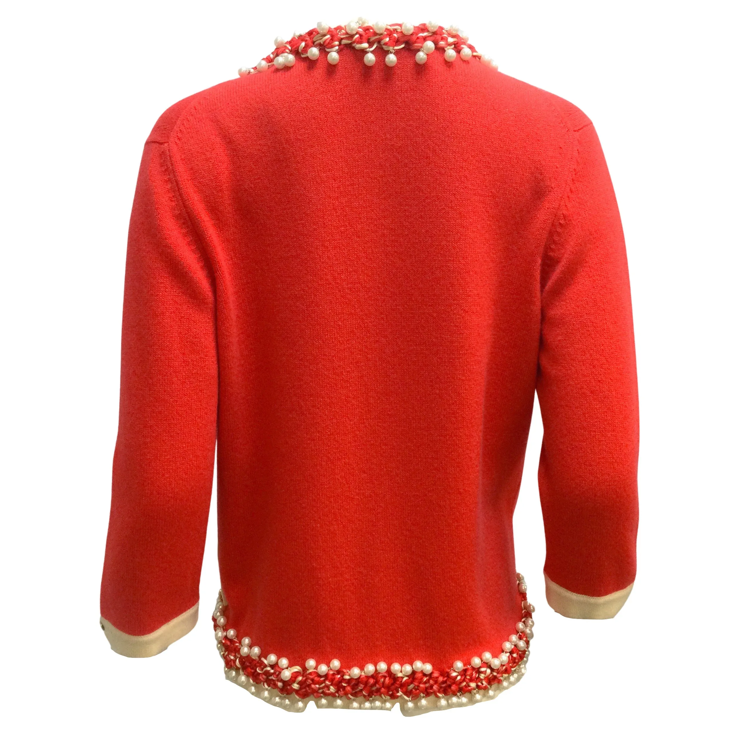 Chanel Pearl Embellished Braided Trim Long Sleeved Cashmere Knit Cardigan Poppy Red / Ivory Sweater