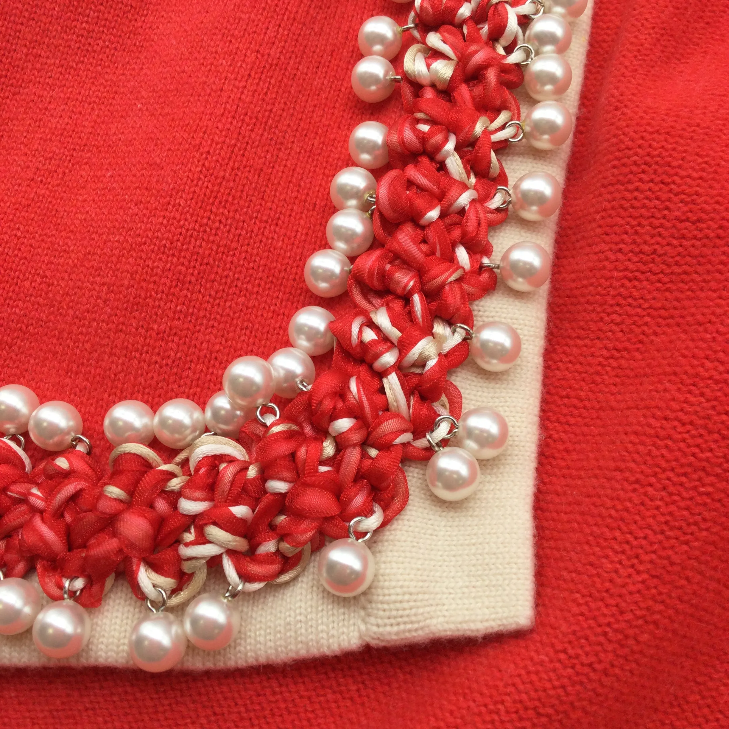 Chanel Pearl Embellished Braided Trim Long Sleeved Cashmere Knit Cardigan Poppy Red / Ivory Sweater