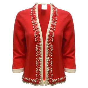 Chanel Pearl Embellished Braided Trim Long Sleeved Cashmere Knit Cardigan Poppy Red / Ivory Sweater