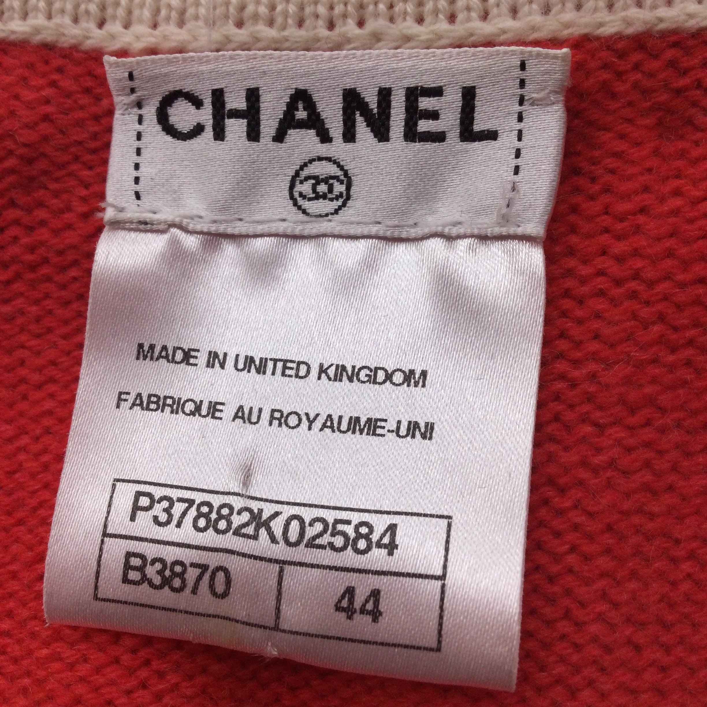 Chanel Pearl Embellished Braided Trim Long Sleeved Cashmere Knit Cardigan Poppy Red / Ivory Sweater