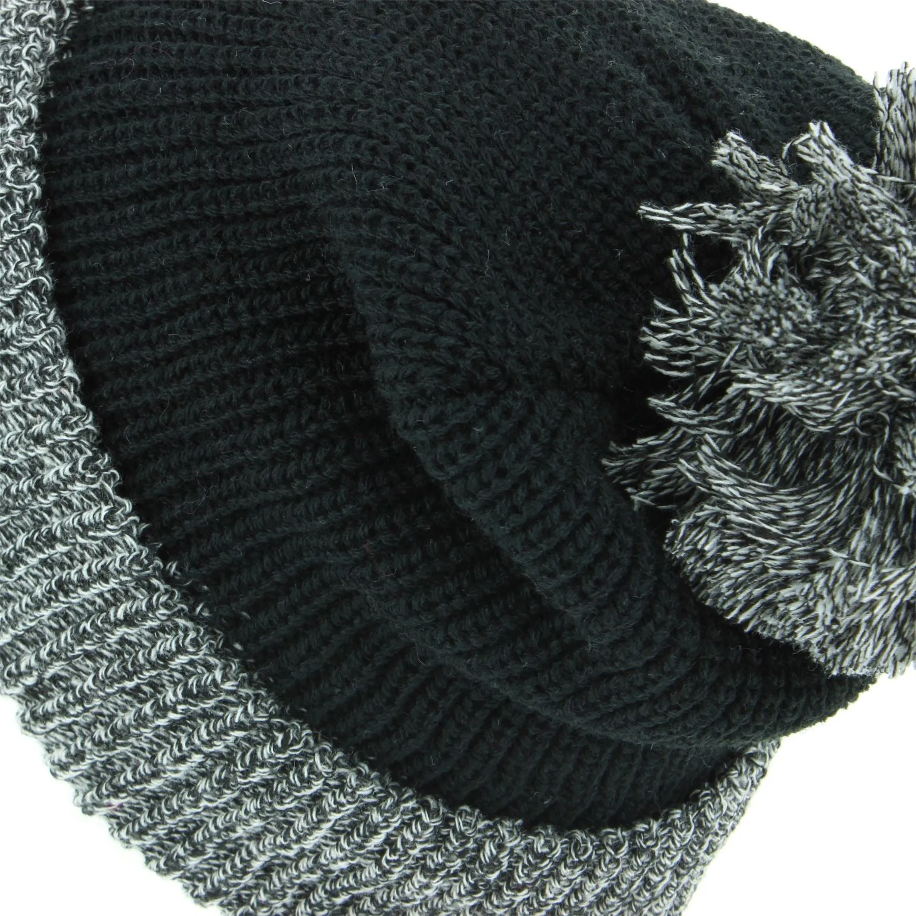 Chunky Double Knit Beanie Hat with Contrast Marl Bobble and Turn-up - Black