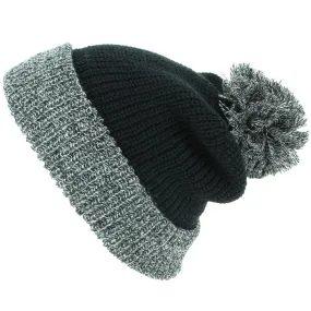 Chunky Double Knit Beanie Hat with Contrast Marl Bobble and Turn-up - Black