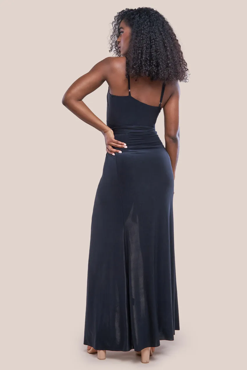 City Goddess Wrap Front Maxi Slip Dress With Waist Tie-Up - Black