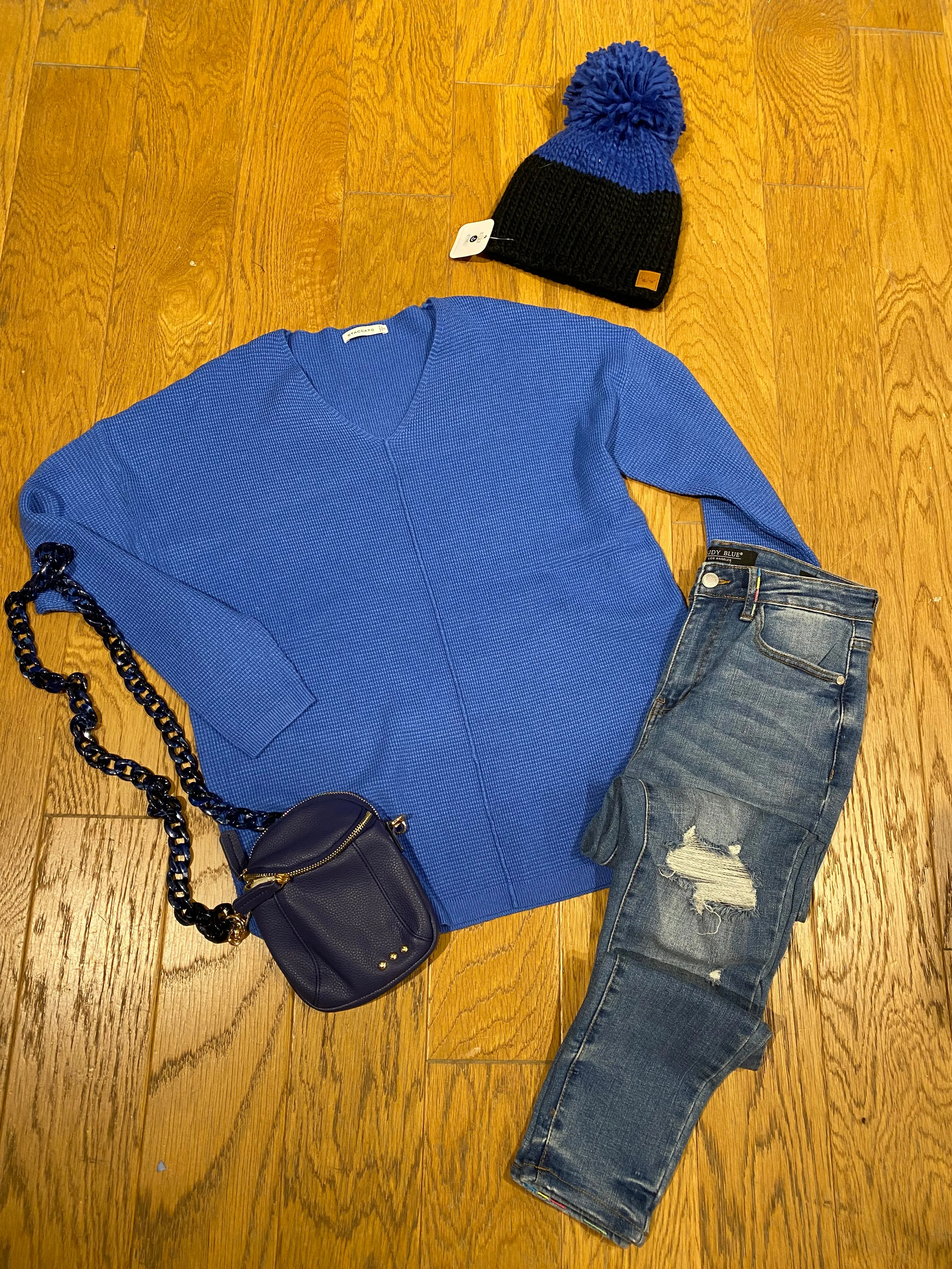 Cory cobalt blue waffle pullover