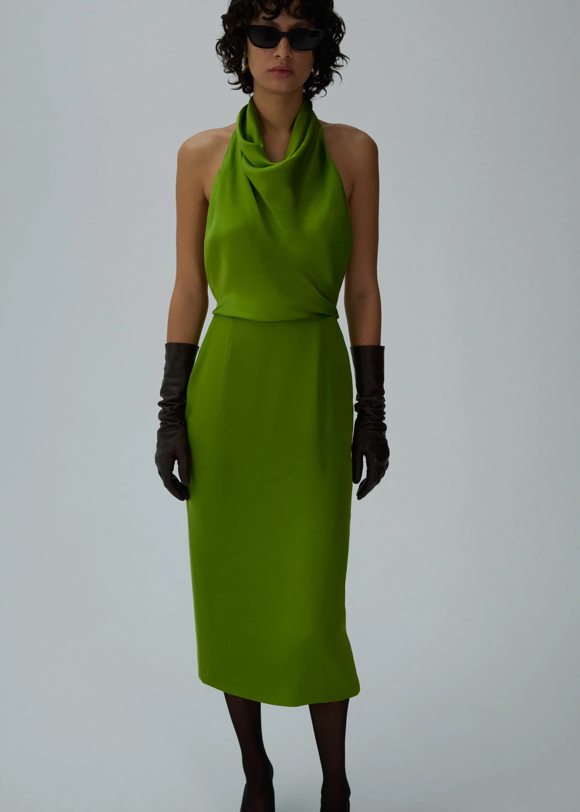 Cowl-neck silk slip dress in green