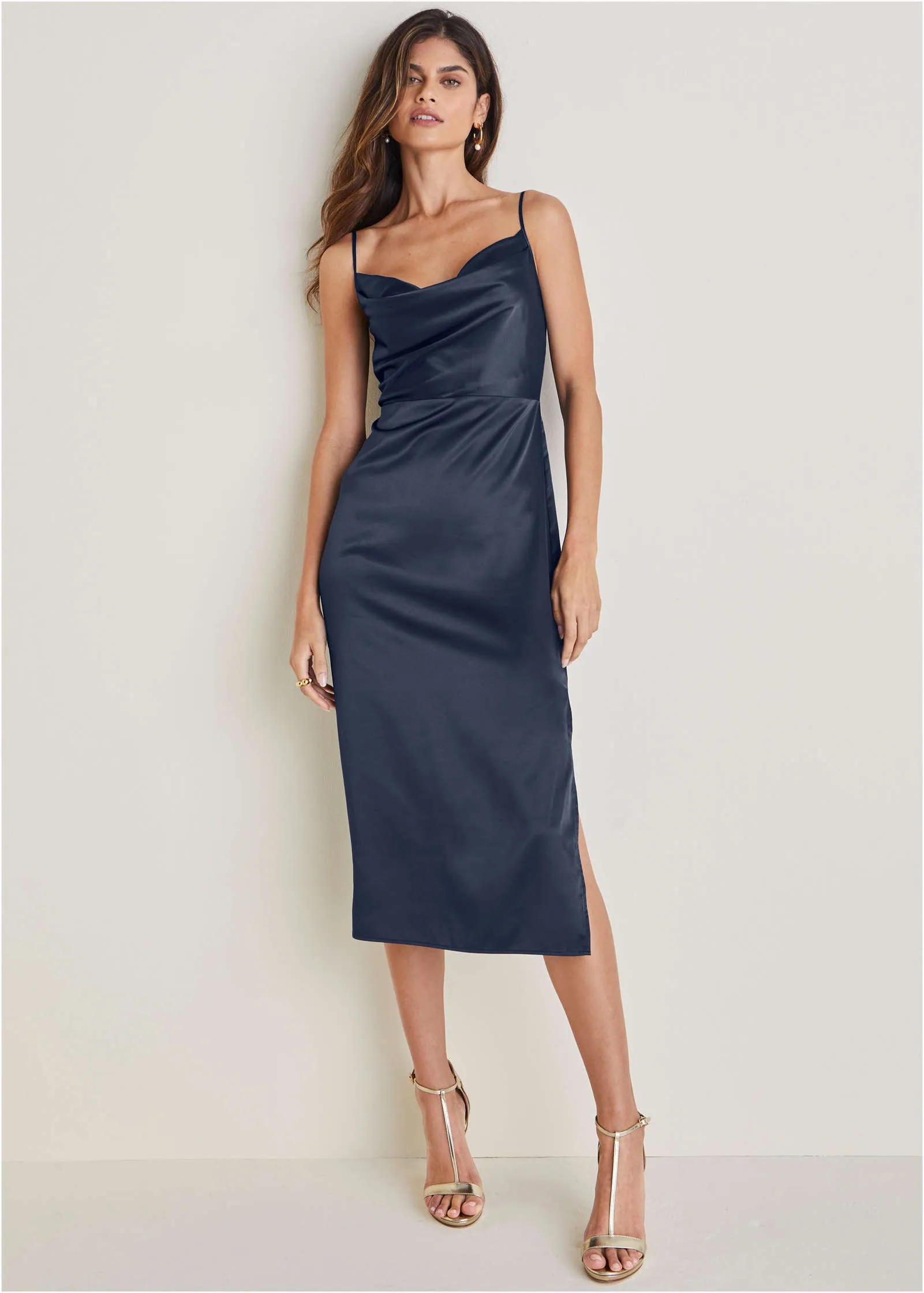 Cowl Neck Slip Dress - Navy