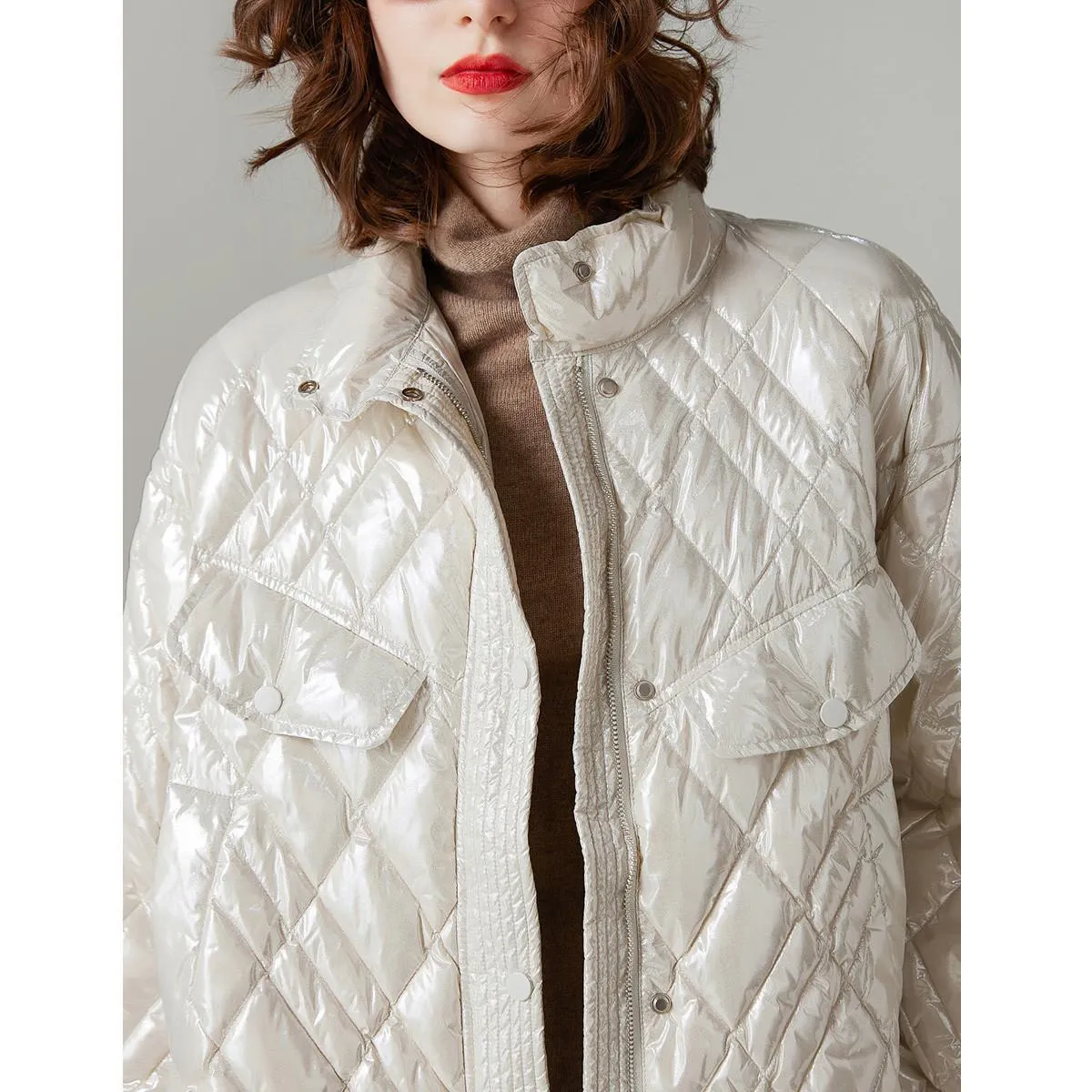 Cropped Quilted Stand-Up Collar Loose Fit Down Jacket