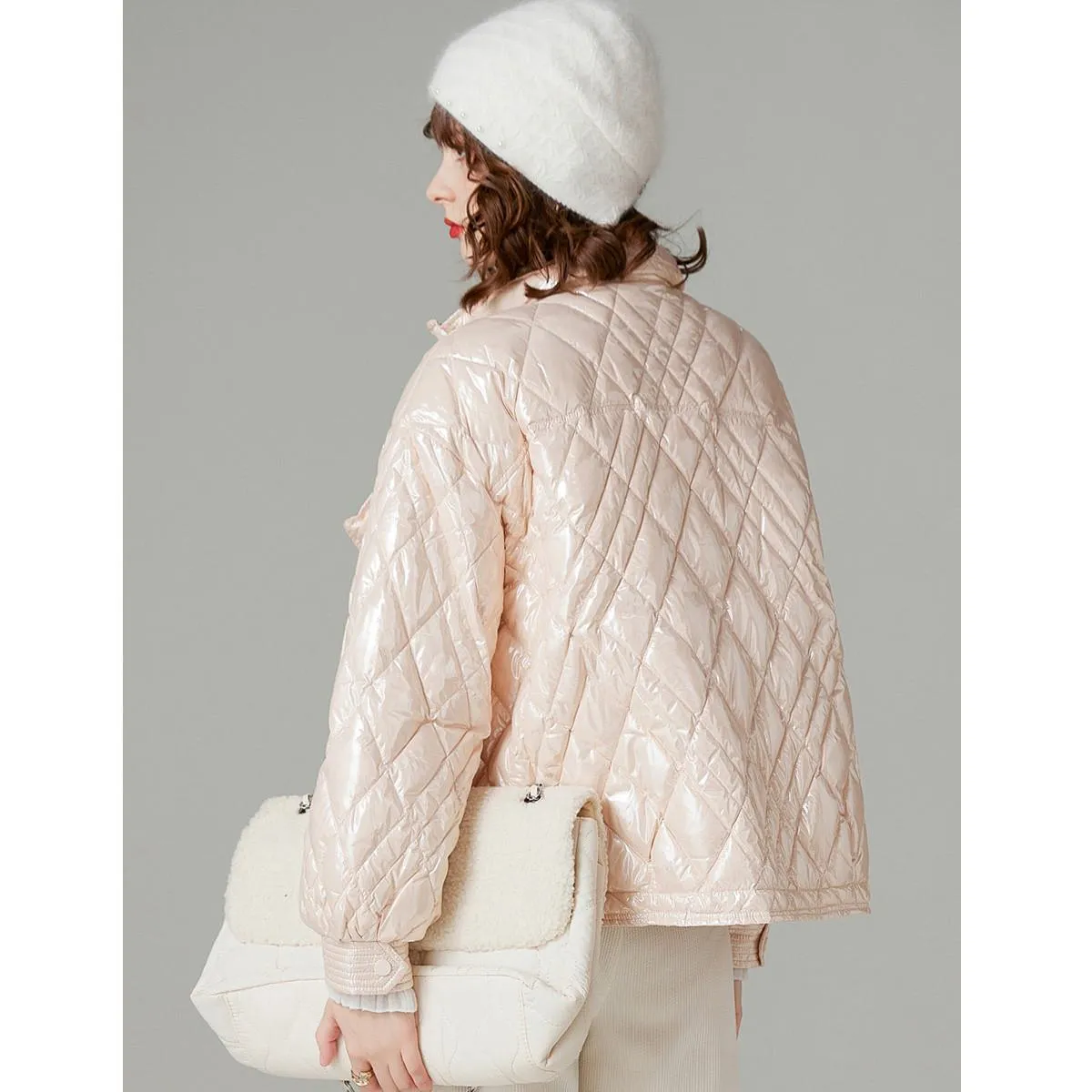 Cropped Quilted Stand-Up Collar Loose Fit Down Jacket