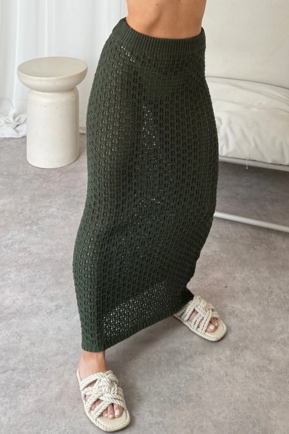 Dalila khaki crochet knit maxi skirt