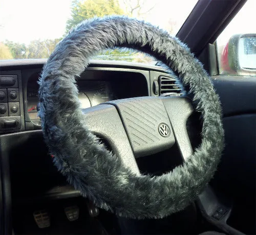 Dark Charcoal Grey fuzzy car steering wheel cover