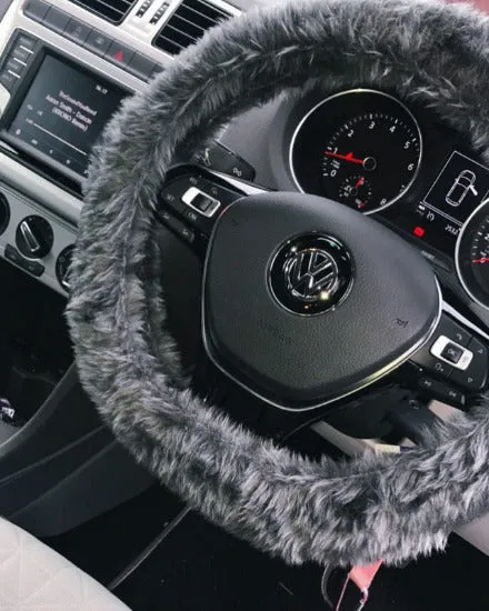 Dark Charcoal Grey fuzzy car steering wheel cover