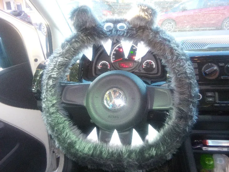 Dark Grey fuzzy monster steering wheel cover