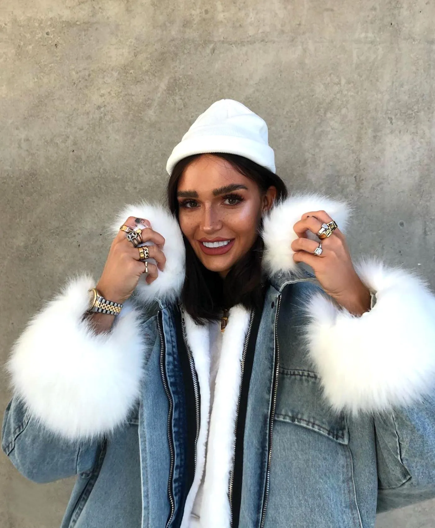 Denim Blue Faux Fur Trim Oversize Denim Jacket