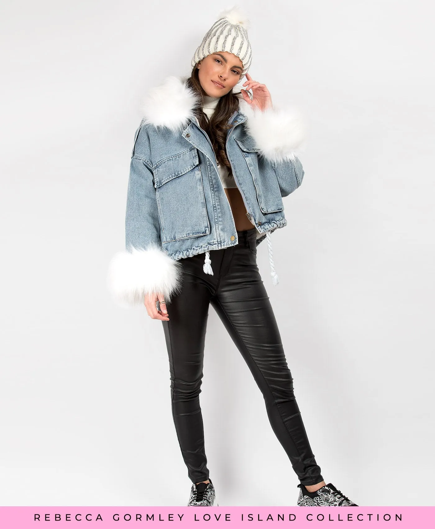 Denim Blue Faux Fur Trim Oversize Denim Jacket