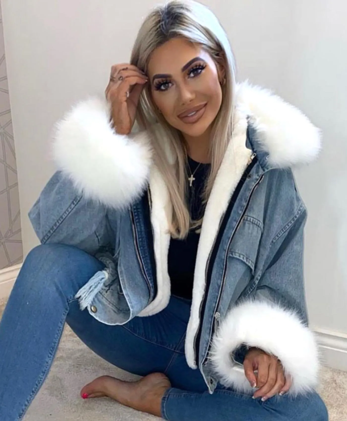 Denim Blue Faux Fur Trim Oversize Denim Jacket