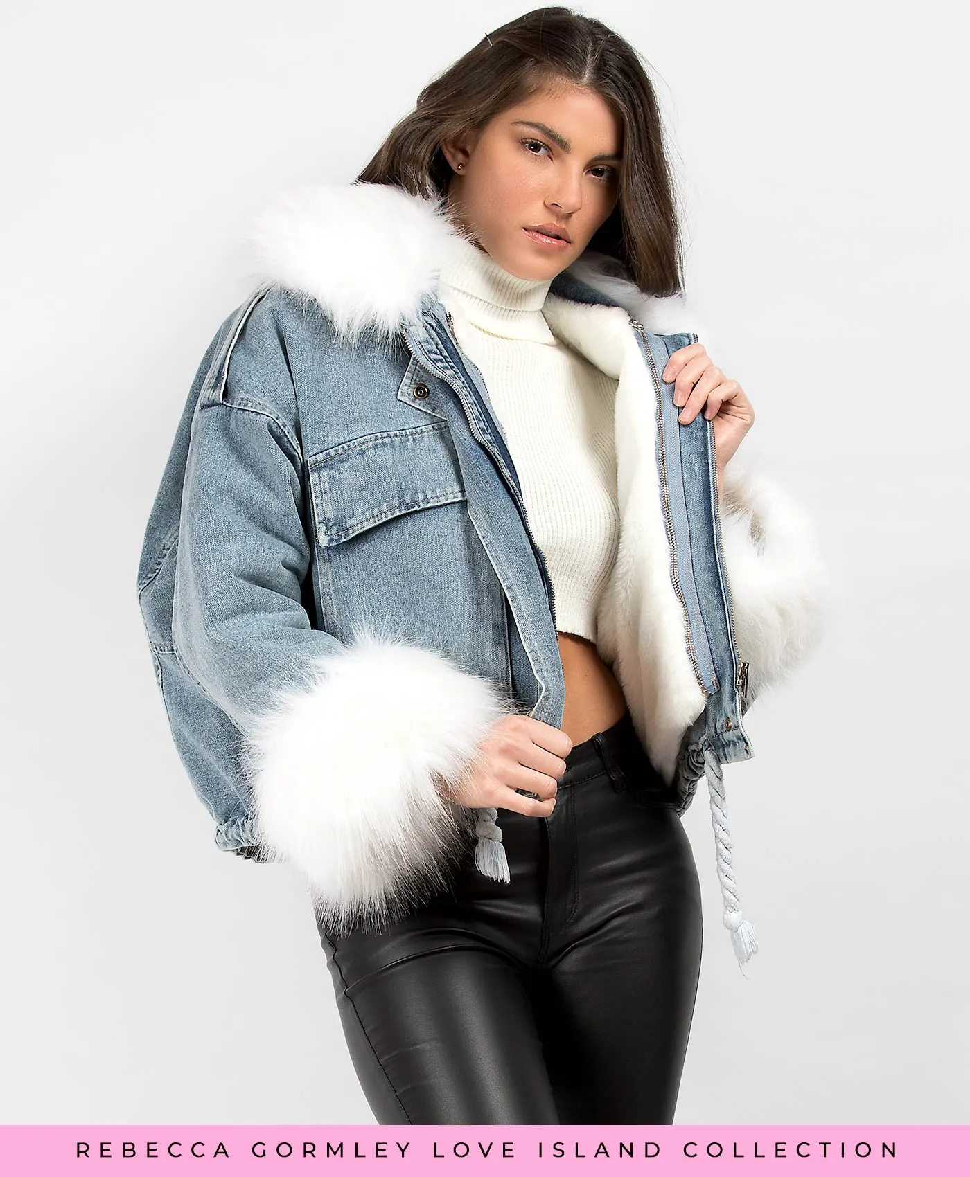 Denim Blue Faux Fur Trim Oversize Denim Jacket