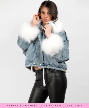 Denim Blue Faux Fur Trim Oversize Denim Jacket