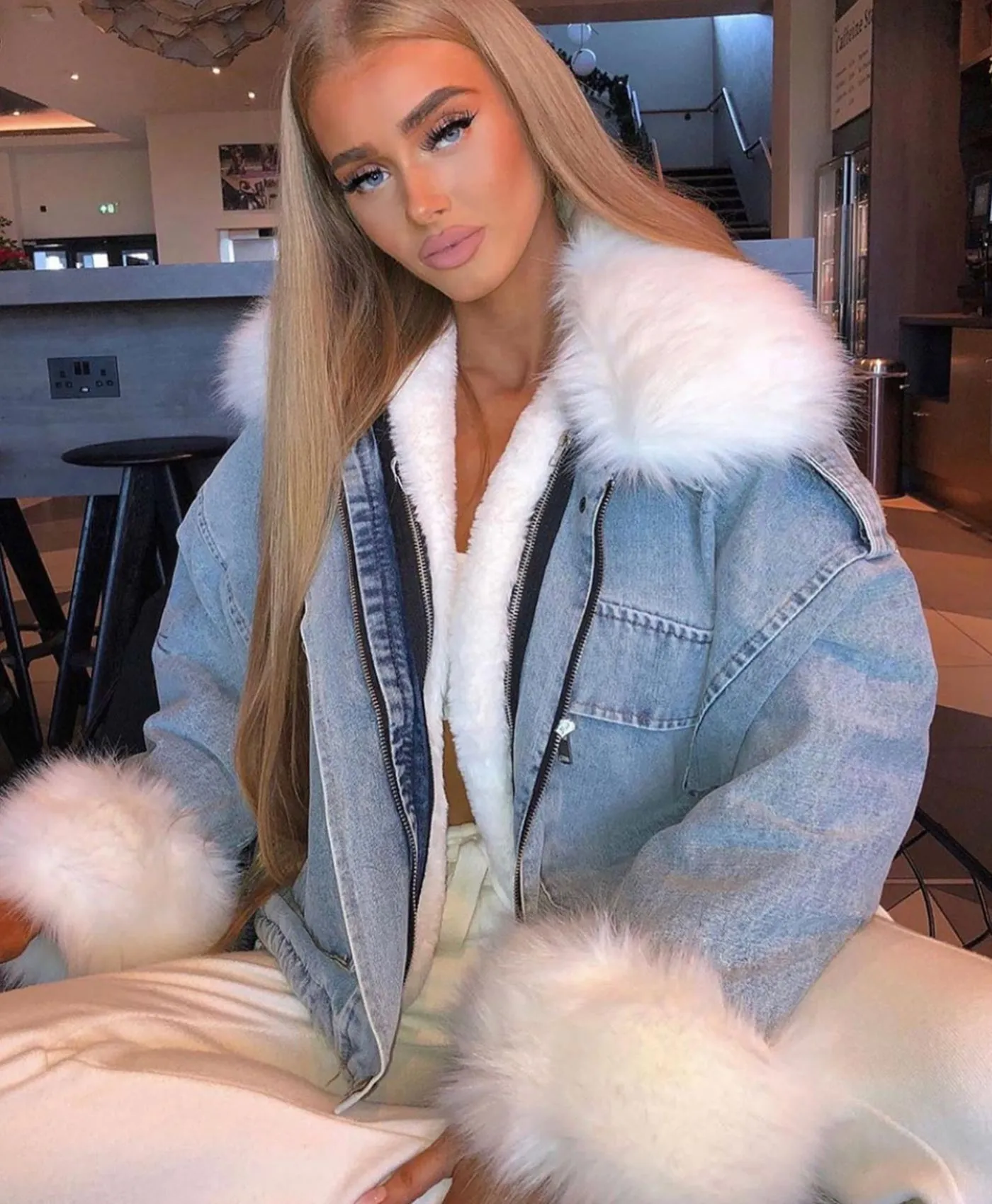 Denim Blue Faux Fur Trim Oversize Denim Jacket