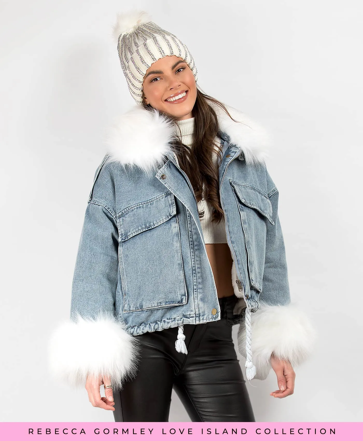 Denim Blue Faux Fur Trim Oversize Denim Jacket