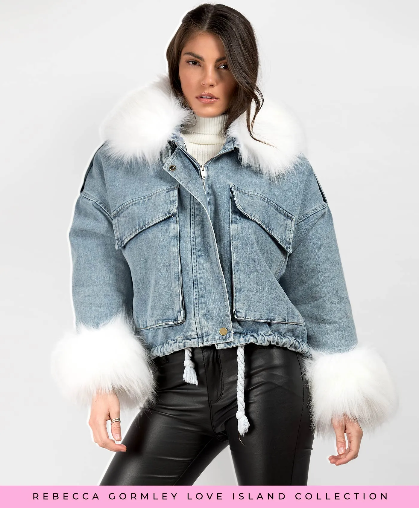 Denim Blue Faux Fur Trim Oversize Denim Jacket