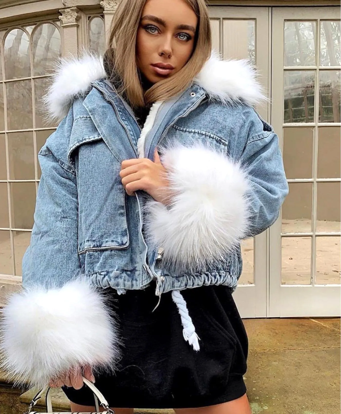 Denim Blue Faux Fur Trim Oversize Denim Jacket