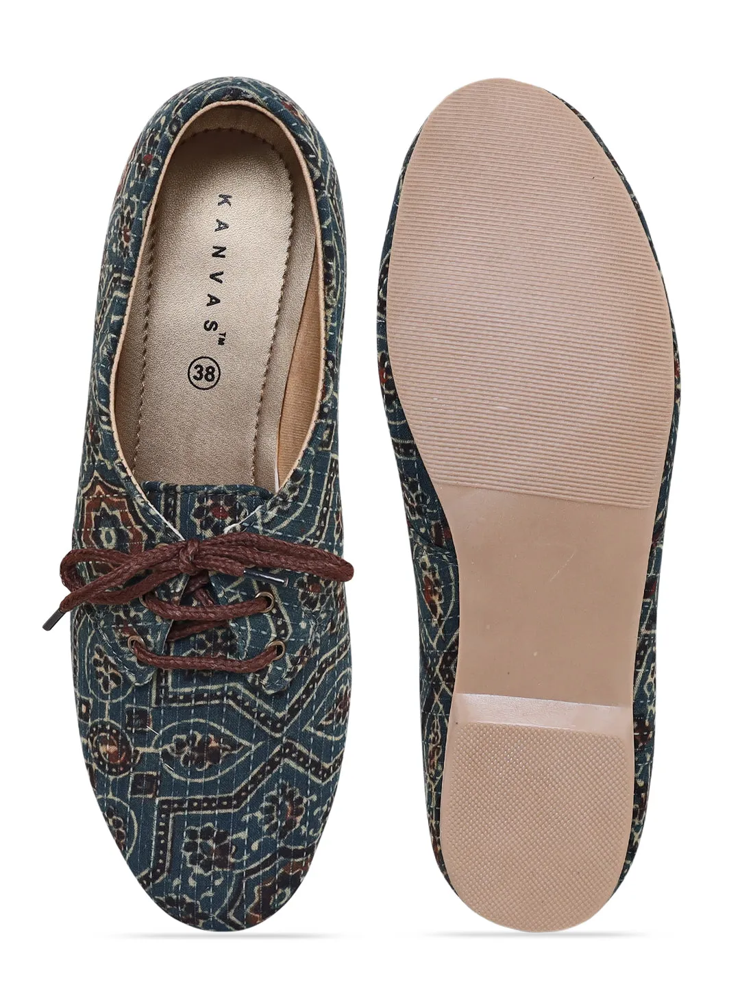 Dusty Green Kantha Ajrakh Oxford Shoes