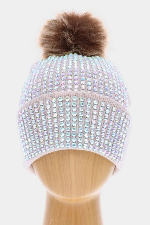 Embellished Beanie Hat with Pom Pom